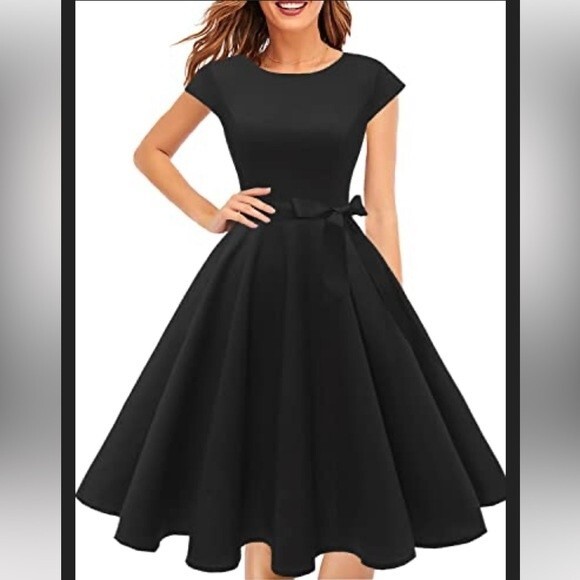 Vintage Pukavt Black Cap Sleeve Midi Dress with Pockets in Women's Size Medium - Picture 2 of 11